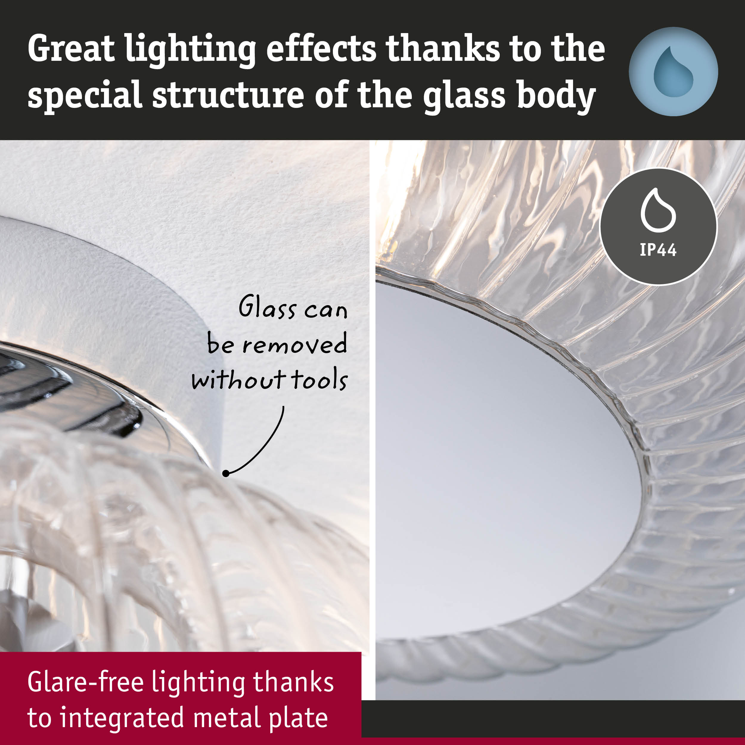 Glass light fixture with removable glass body and integrated metal plate for glare-free lighting