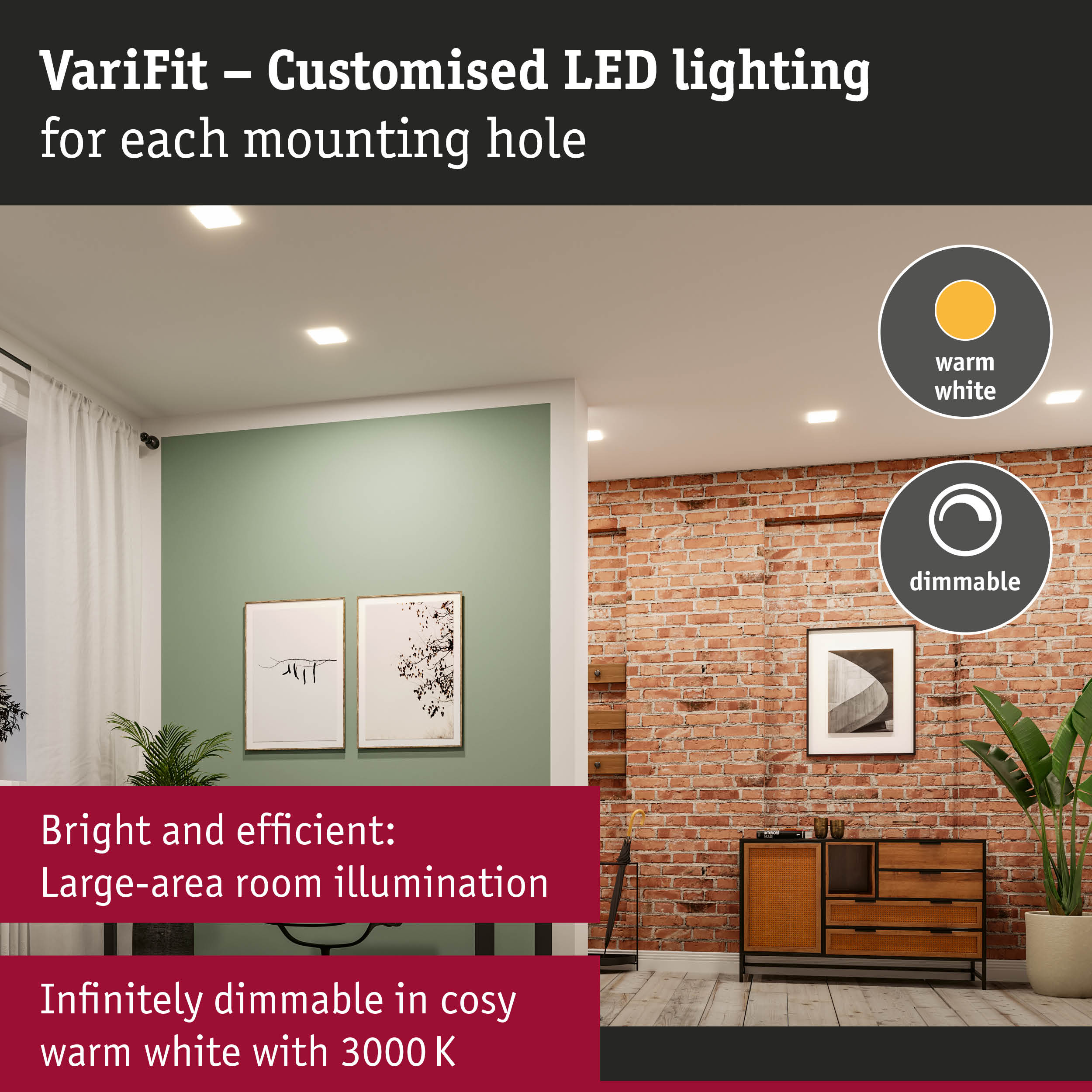 VariFit customised LED recessed lights in warm white with dimmable feature for efficient room lighting