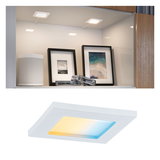 White square LED under-cabinet light with warm white and blue tones for modern furniture lighting