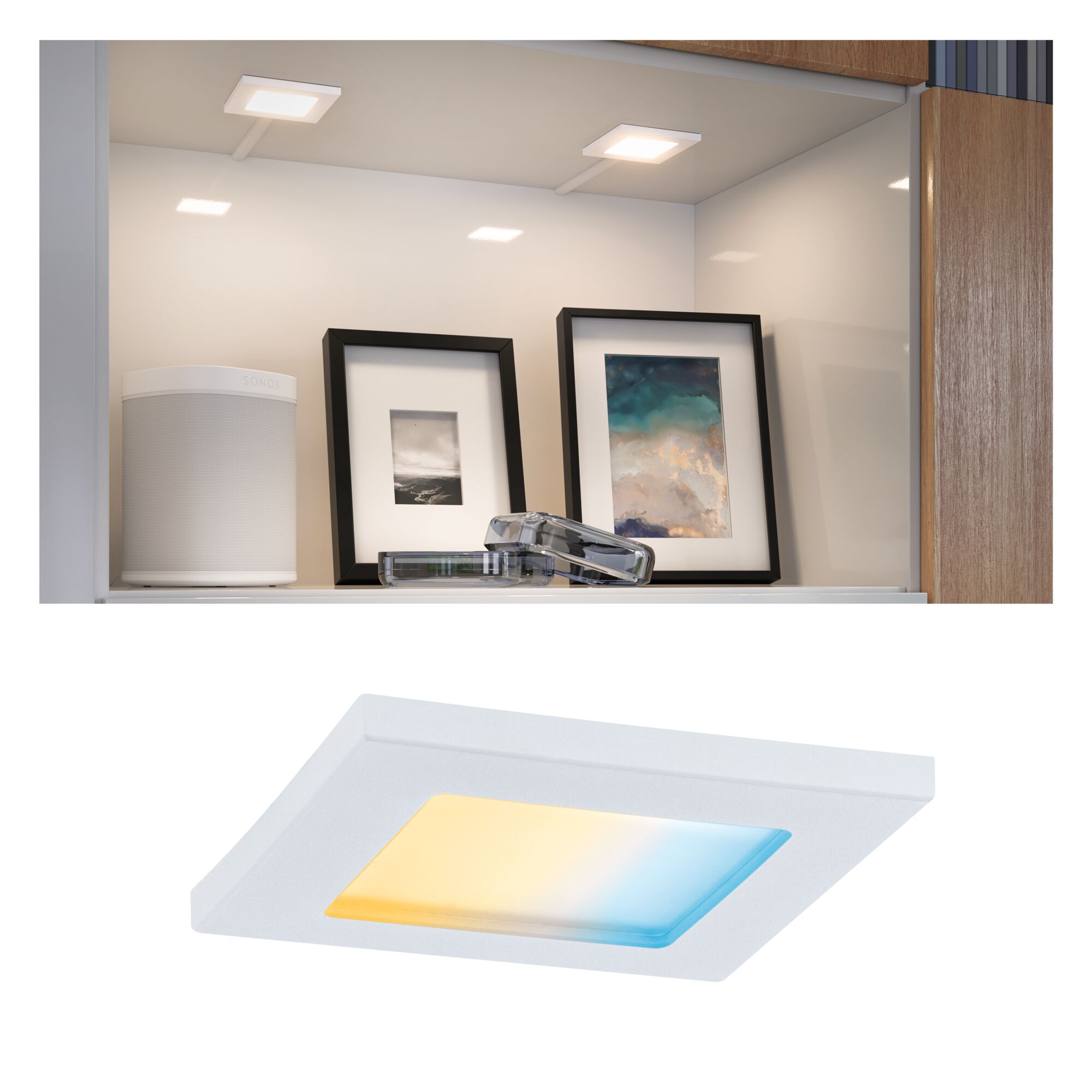 Clever Connect Spot LED Pola Tunable White 2,5W Blanc dépoli Lumière LED carrée blanche sous meuble avec lumière blanc chaud et bleue pour éclairage moderne