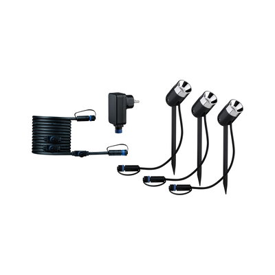 Zwarte LED-tuinschijnwerper set met drie lampen, kabel en adapter voor buitenverlichting.