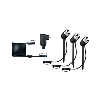 Ensemble de projecteurs LED de jardin noirs avec trois lampes, câble et adaptateur pour éclairage extérieur.
