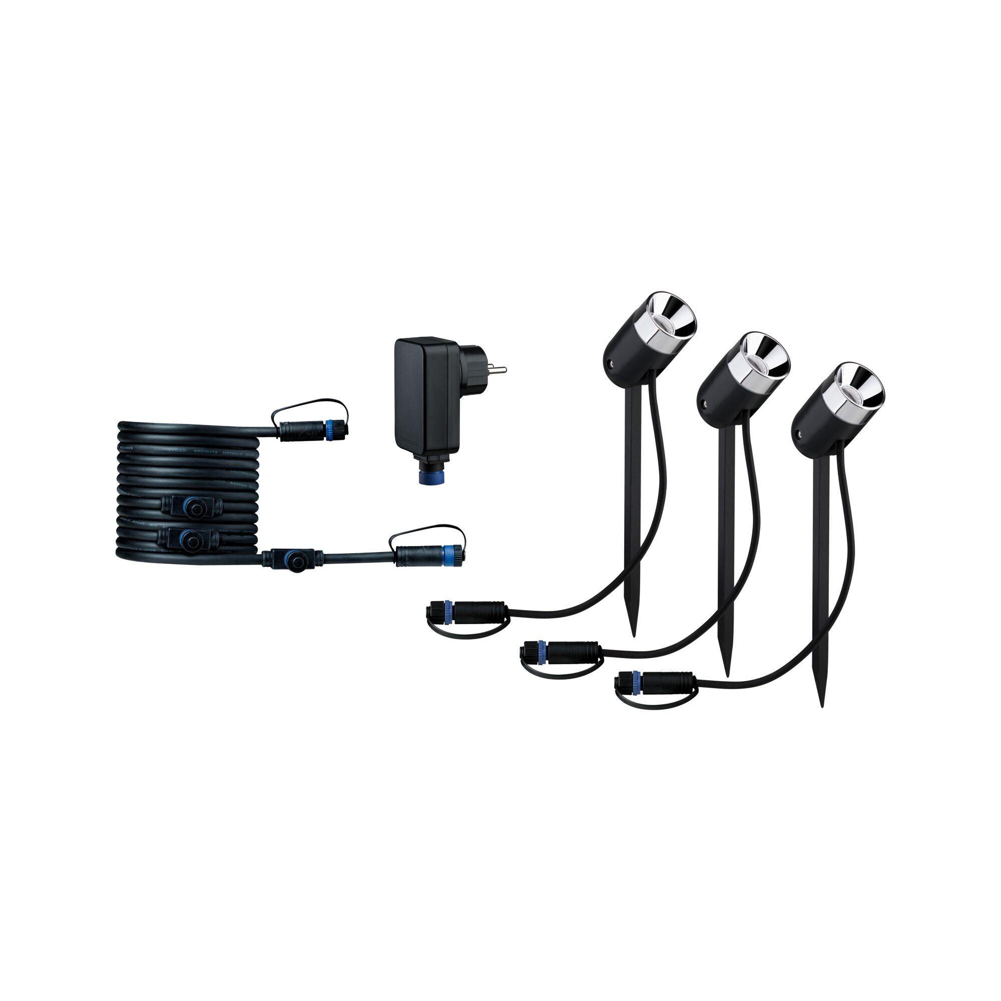 Schwarzes LED-Gartenstrahler-Set mit drei Spots, Kabel und Netzteil für Außenbeleuchtung.