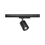 Schwarzer LED-Spot aus Metall an Schienensystem für flexible Beleuchtung im Innenbereich
