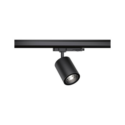 Schwarzer LED-Spot aus Metall an Schienensystem für flexible Beleuchtung im Innenbereich