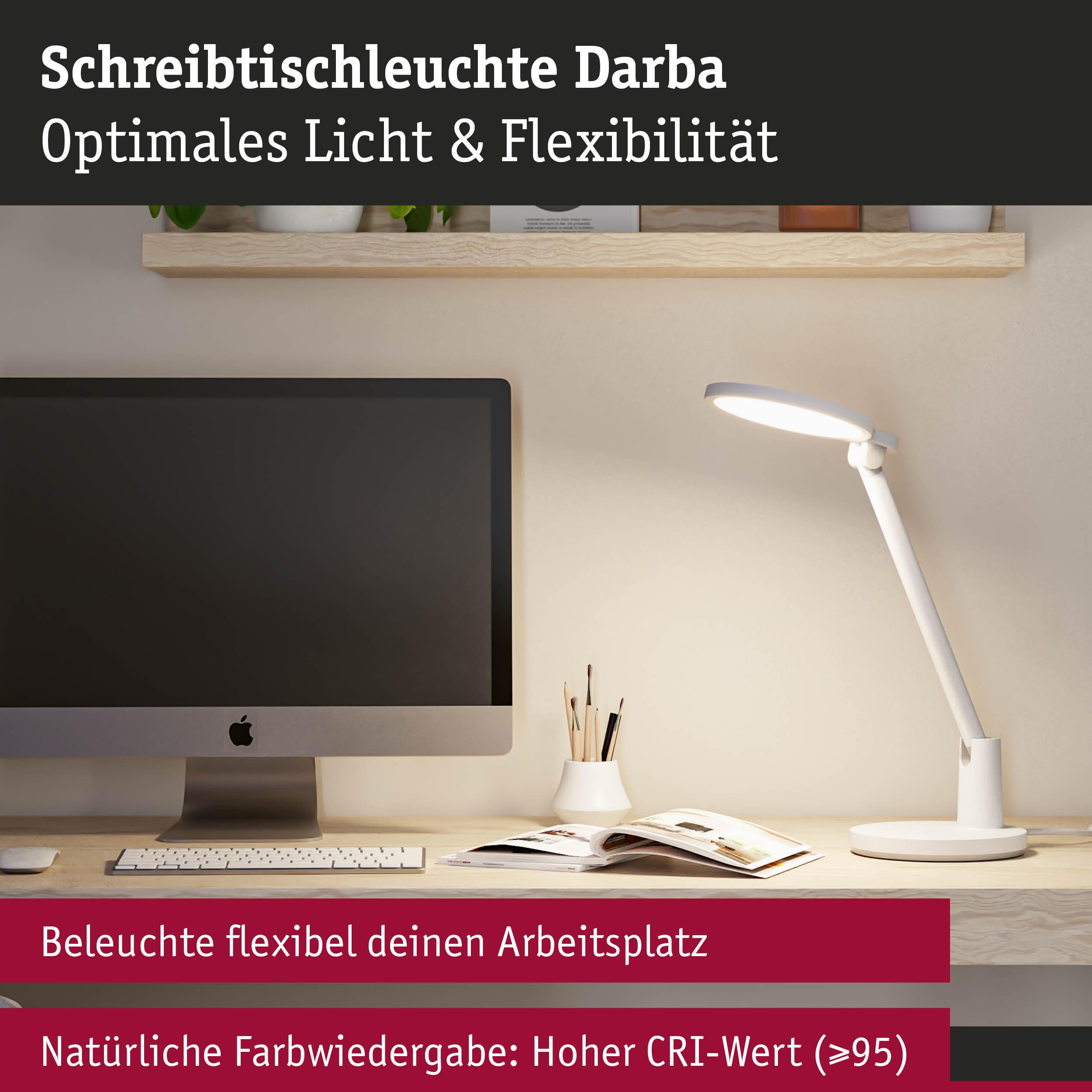 Weiße Schreibtischleuchte Darba mit flexiblem Arm und hohem CRI-Wert für natürliches Licht am Arbeitsplatz