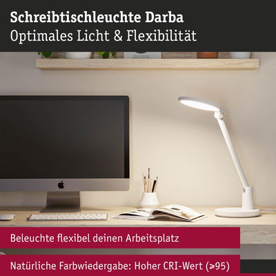 Weiße Schreibtischleuchte Darba mit flexiblem Arm und hohem CRI-Wert für natürliches Licht am Arbeitsplatz