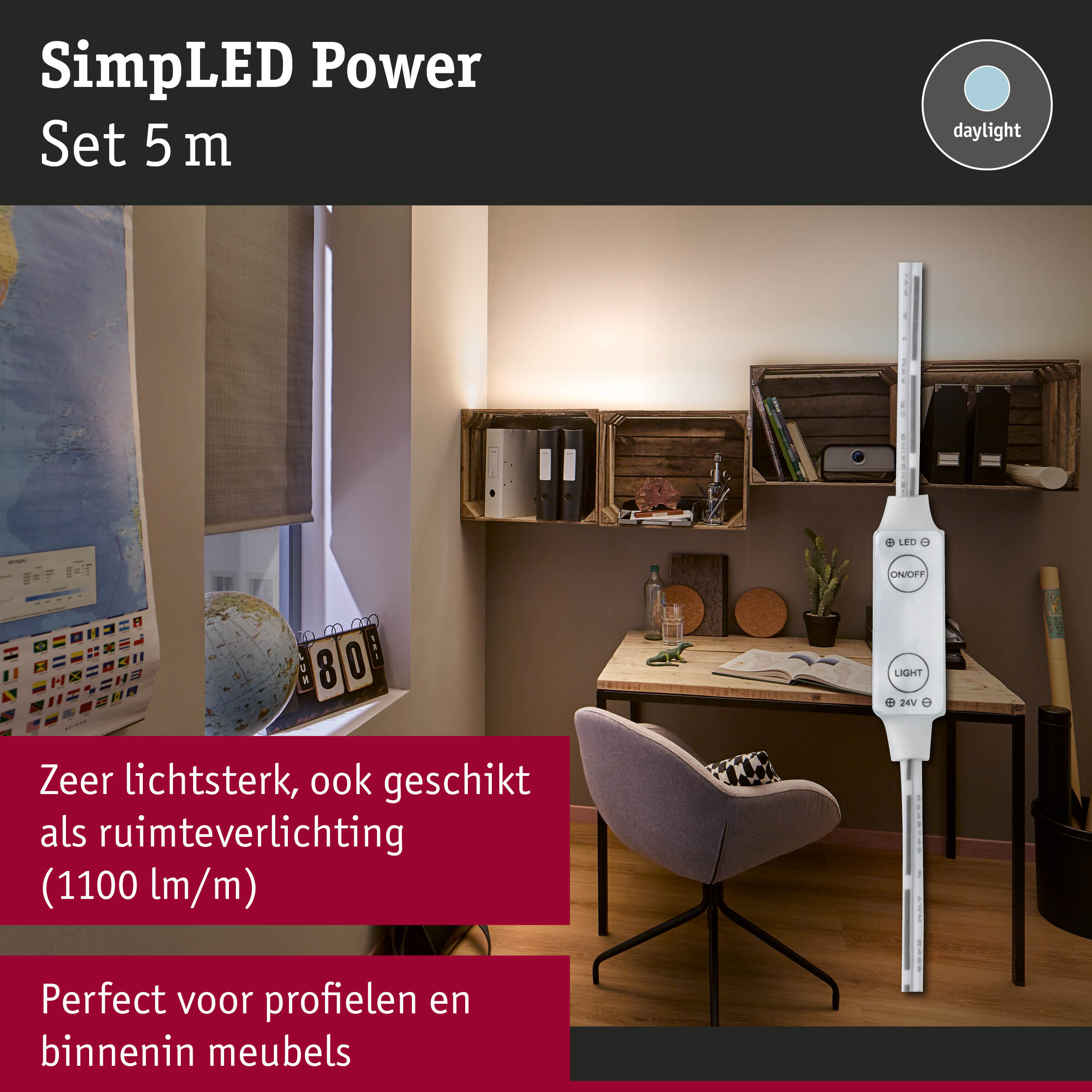 SimplLED Power LED-strip 5 m daglichtkleur, geschikt voor meubel- en ruimteverlichting