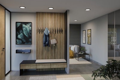 Moderne hal met houten paneel, bank en LED-plafondlampen voor stijlvolle woonverlichting.