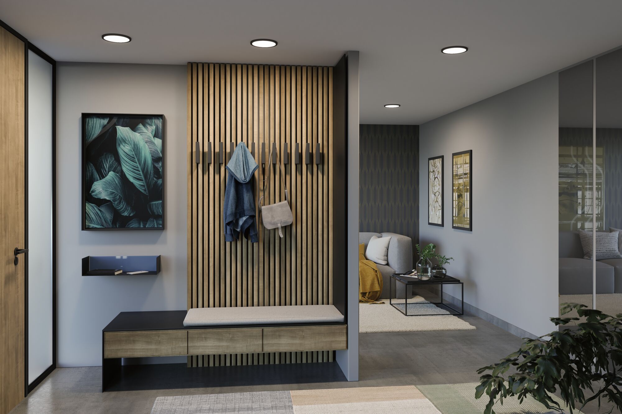 Entrée moderne avec panneau en bois, banc et plafonniers LED pour un éclairage intérieur élégant.