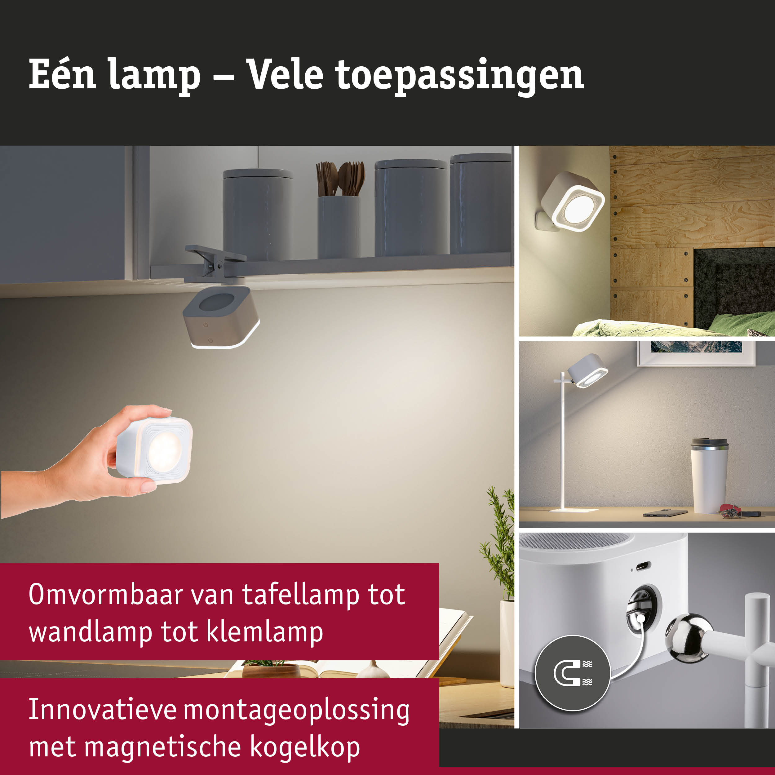 Witte LED-lamp met magnetische kogelkopbevestiging, veelzijdig als tafel-, wand- of klemlamp te gebruiken