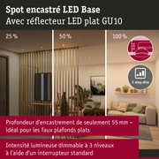 Spot encastré LED Base avec réflecteur LED plat GU10, intensité lumineuse dimmable en 3 niveaux, 55 mm de profondeur