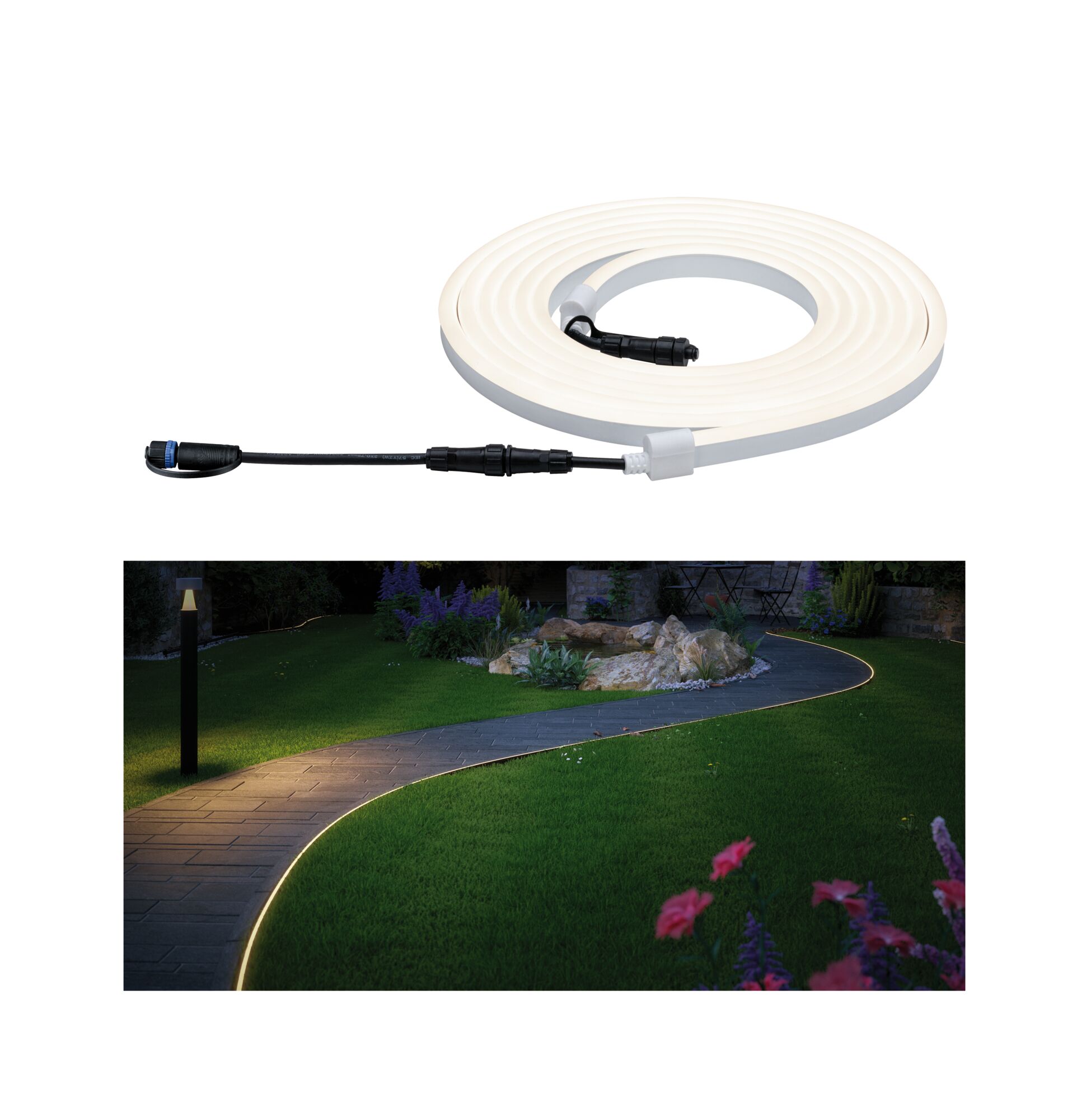 Flexibele witte LED-lichtstrip met connector, geschikt voor tuin- en padverlichting.