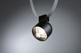 Suspension LED noire avec lampe ronde et câble textile gris pour intérieurs modernes.