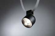 Black LED pendant light with round lamp and grey textile cable for modern interiors.