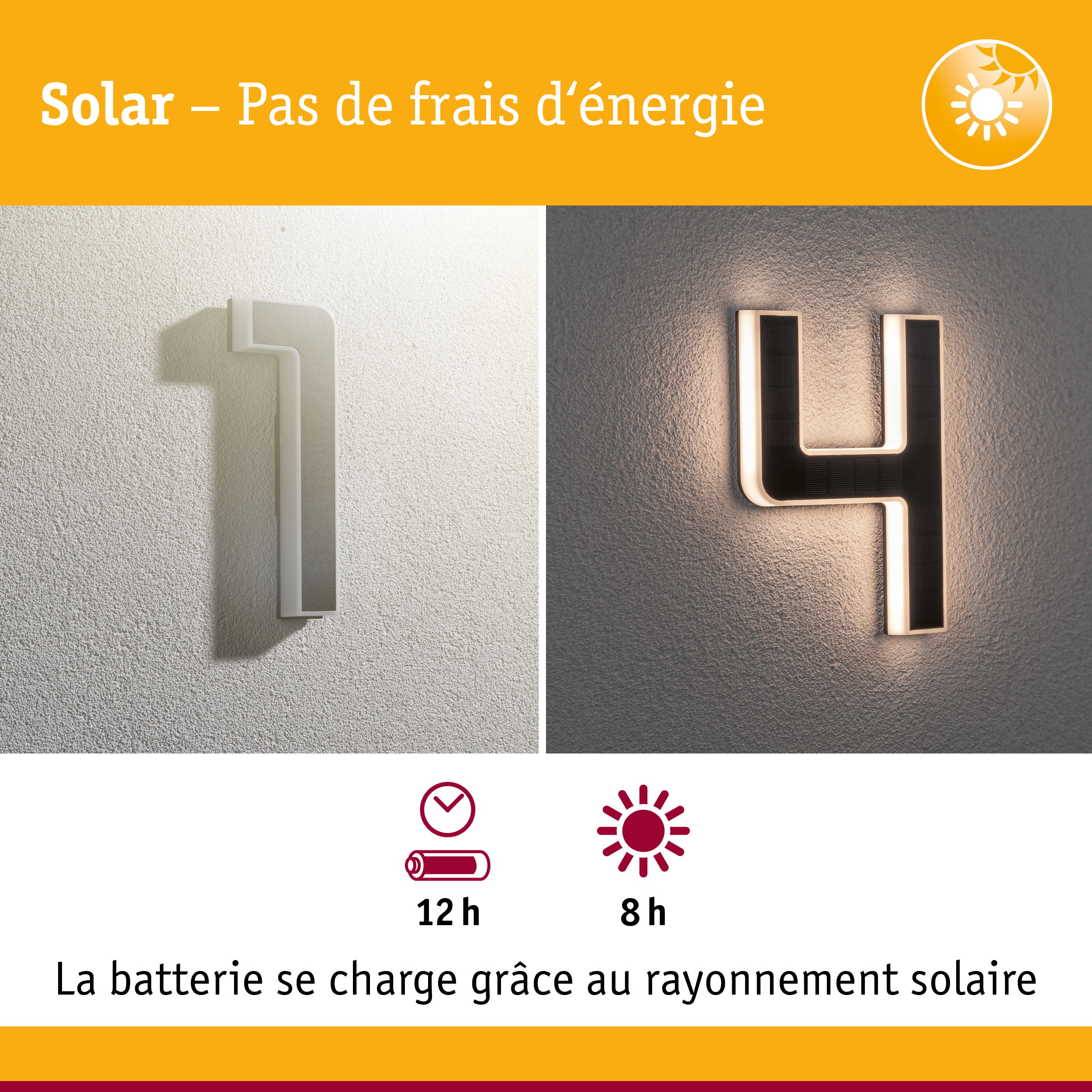 Éclairage solaire pour numéro de maison avec cadre blanc et LED pour éclairage extérieur économique