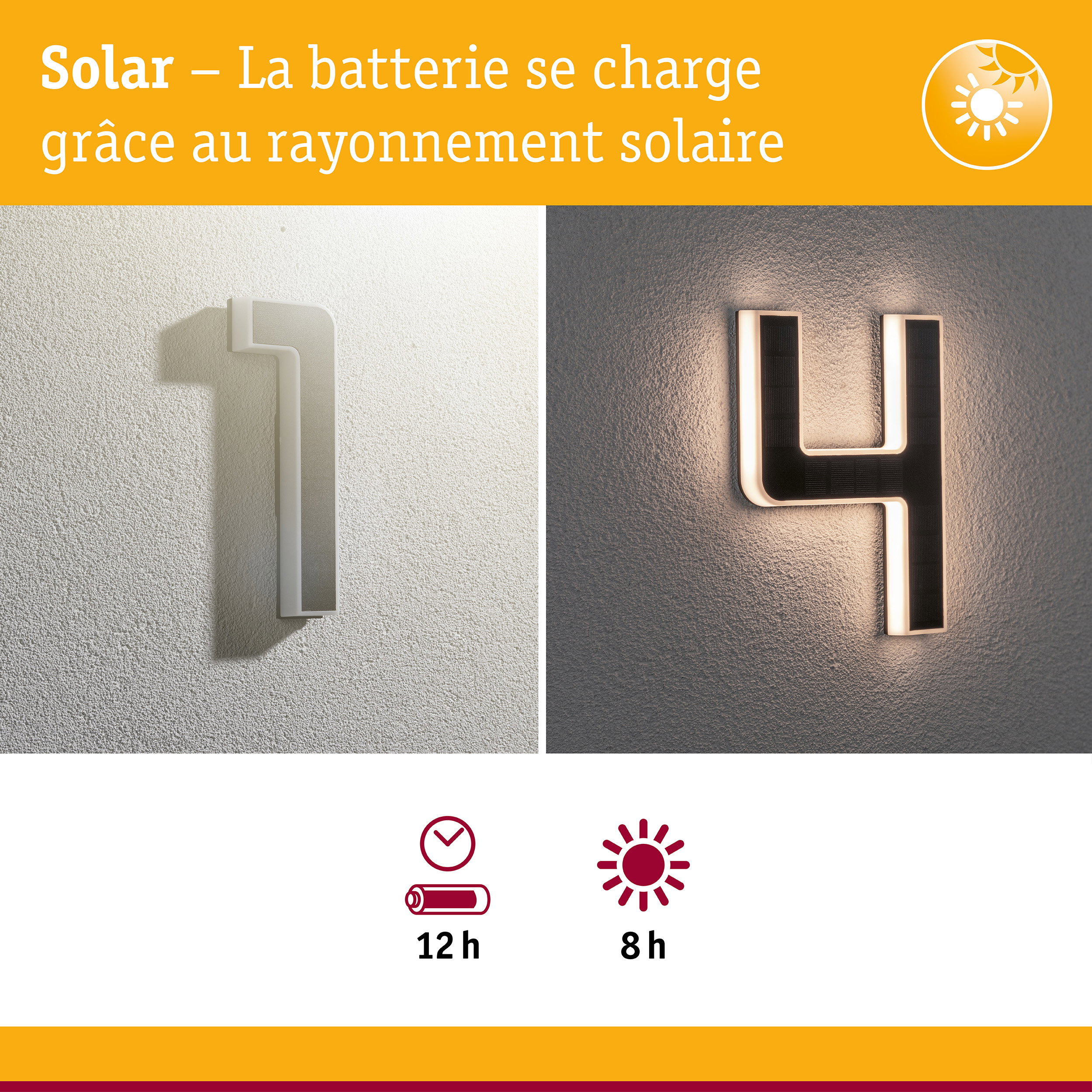 Éclairage solaire pour numéro de maison avec cadre blanc et LED pour éclairage extérieur économique