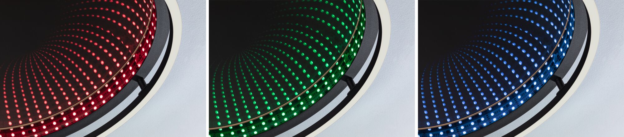Trois plafonniers LED ronds avec effet miroir infini en rouge, vert et bleu pour un éclairage moderne.
