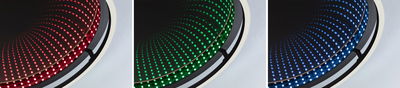 Three round LED ceiling lights with infinity mirror effect in red, green, and blue for modern room lighting.