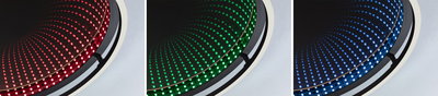 Tre runde LED-loftlamper med uendeligt spejleffekt i rød, grøn og blå til moderne belysning.