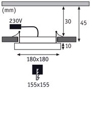 Teknisk tegning af LED-indbygningslampe med mål 180x180 mm og 230V tilslutning.