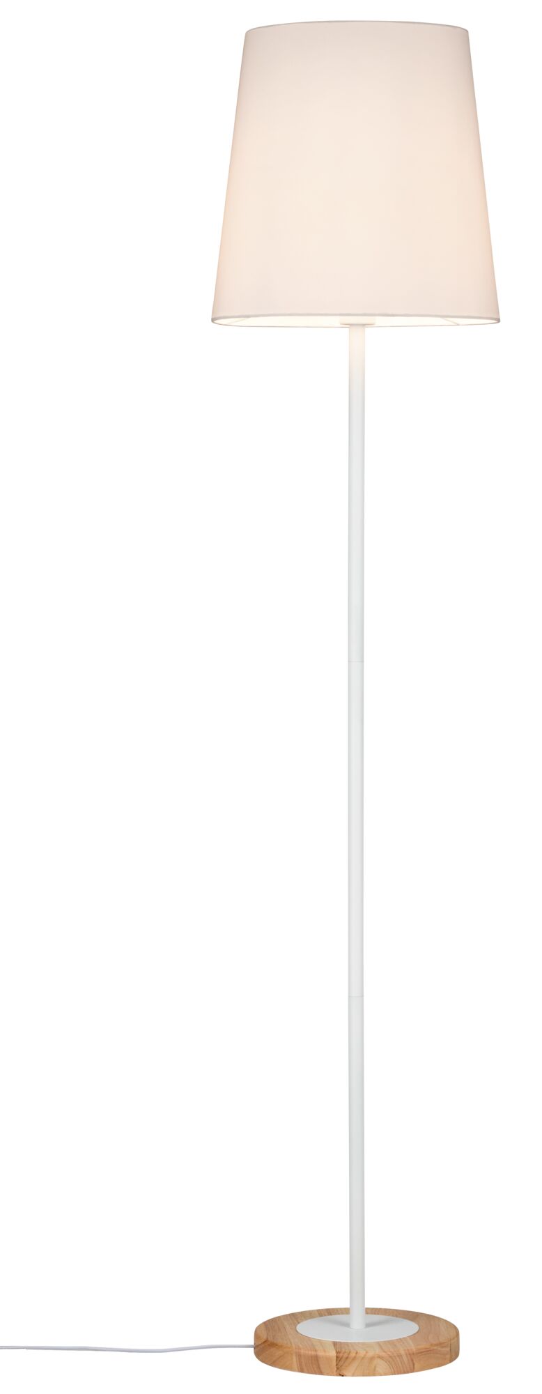 Lampadaire avec abat-jour blanc en tissu et base en bois, éclairage moderne pour intérieur