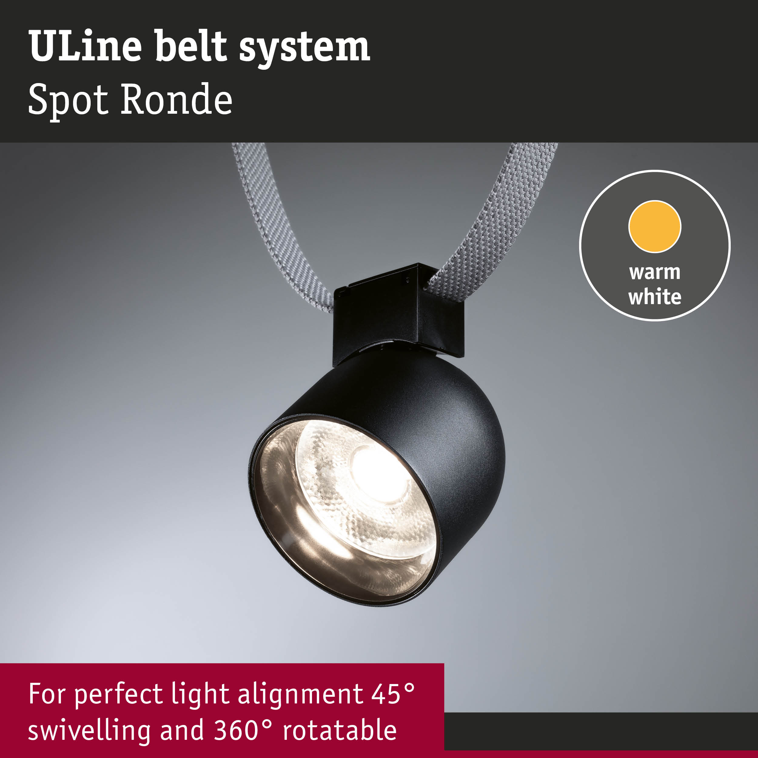 Black ULine Spot Ronde spotlight with grey textile cable and warm white light for adjustable lighting