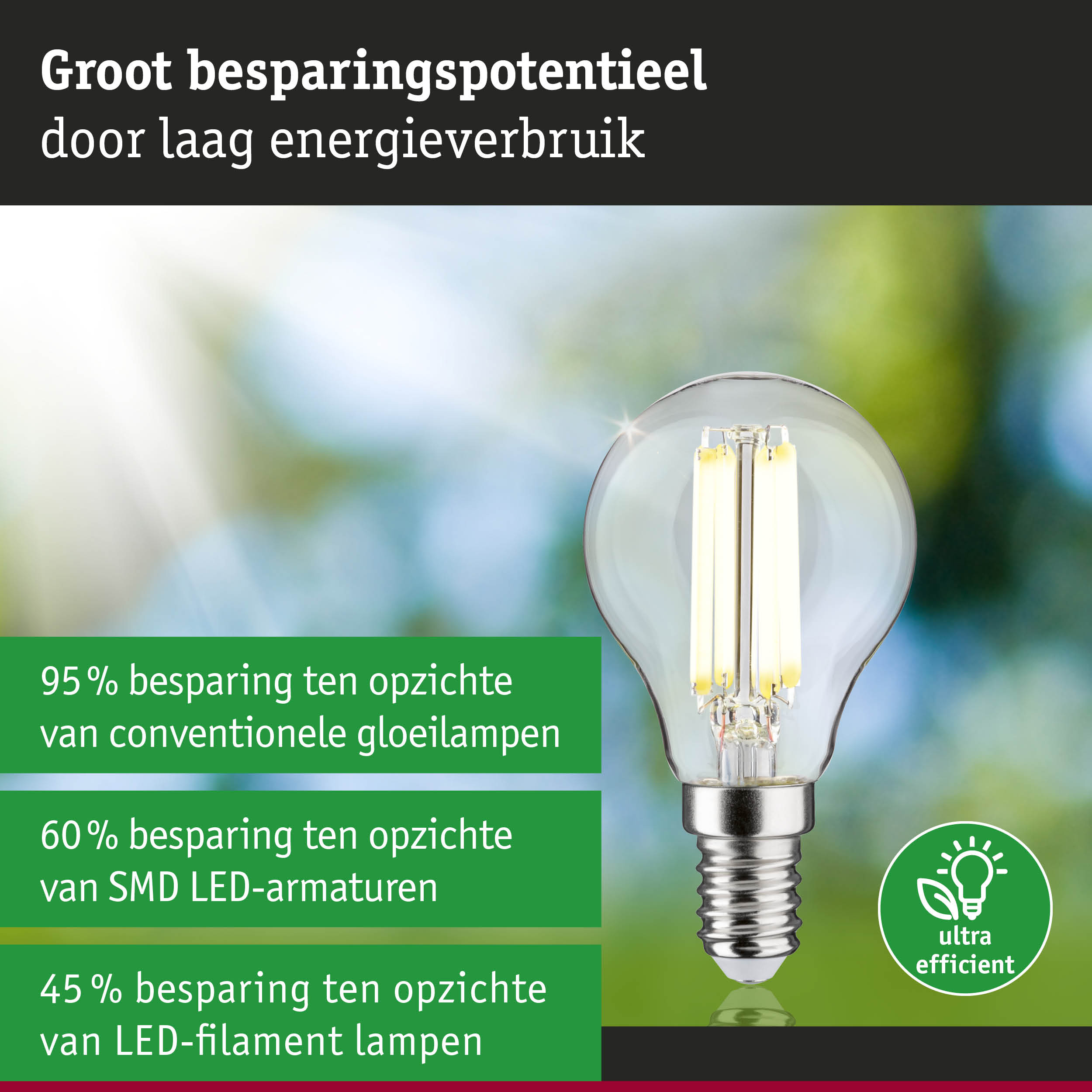 Energiezuinige LED-gloeilamp met helder glas en schroefsokkel tegen groen-blauwe achtergrond