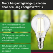Energiezuinige LED-gloeilamp met helder glas en schroefsokkel tegen groen-blauwe achtergrond