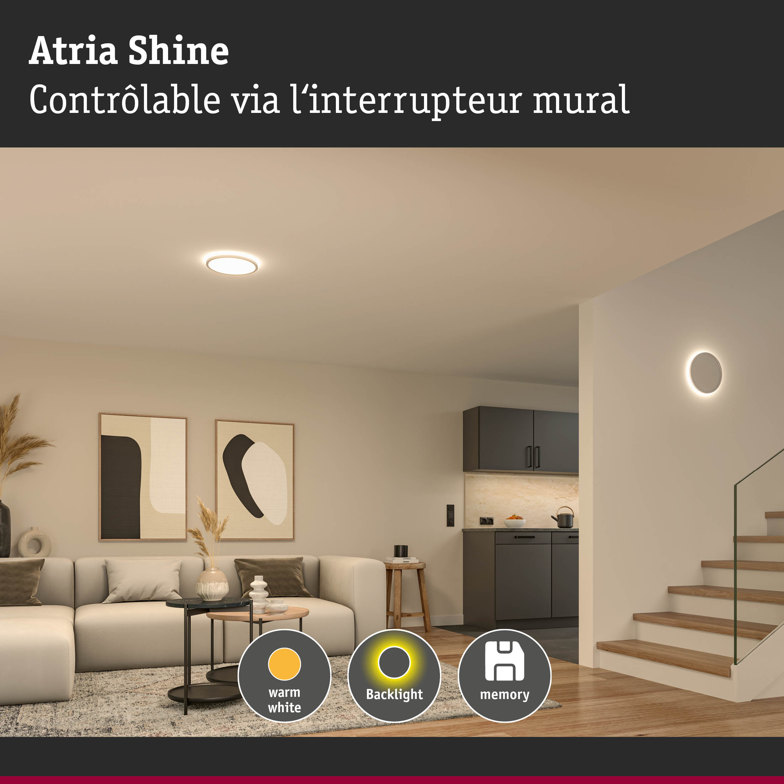 Plafonnier LED Atria Shine blanc avec lumière blanc chaud et commande murale pour salon moderne