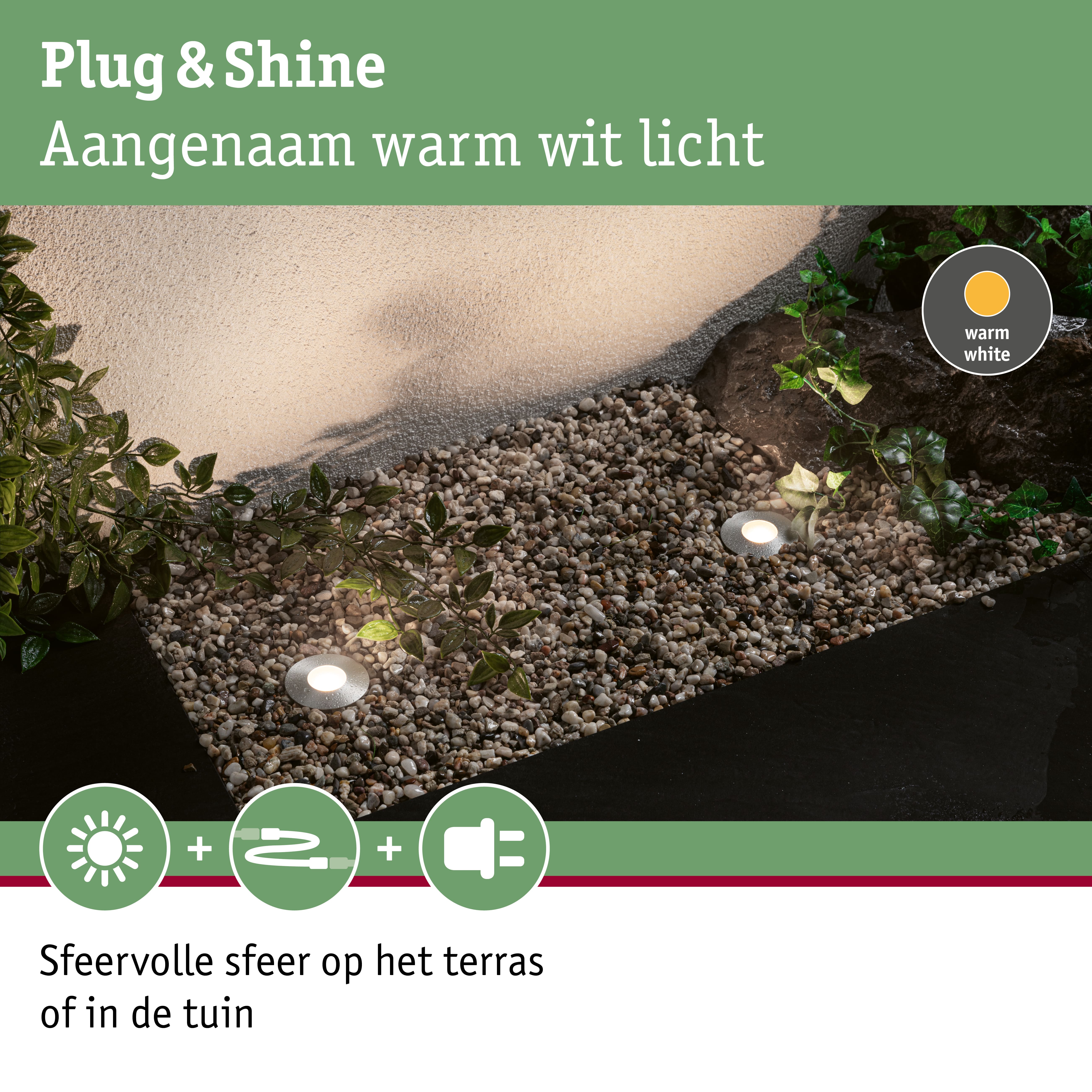 Buitenverlichting met warm wit licht voor terras en tuin met Plug & Shine systeem