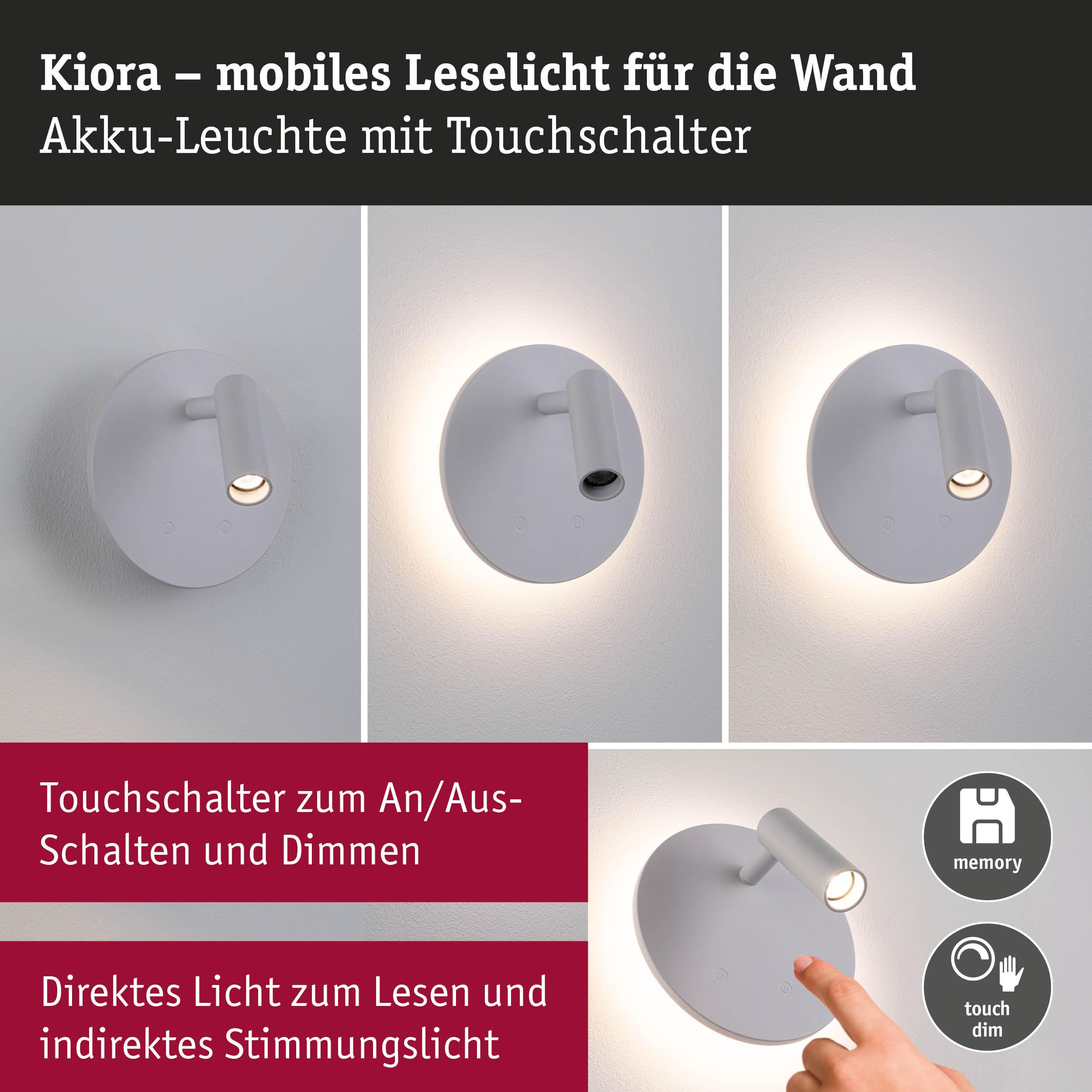 Kiora mobiles Leselicht aus weißem Metall mit Touchschalter für direktes und indirektes Licht