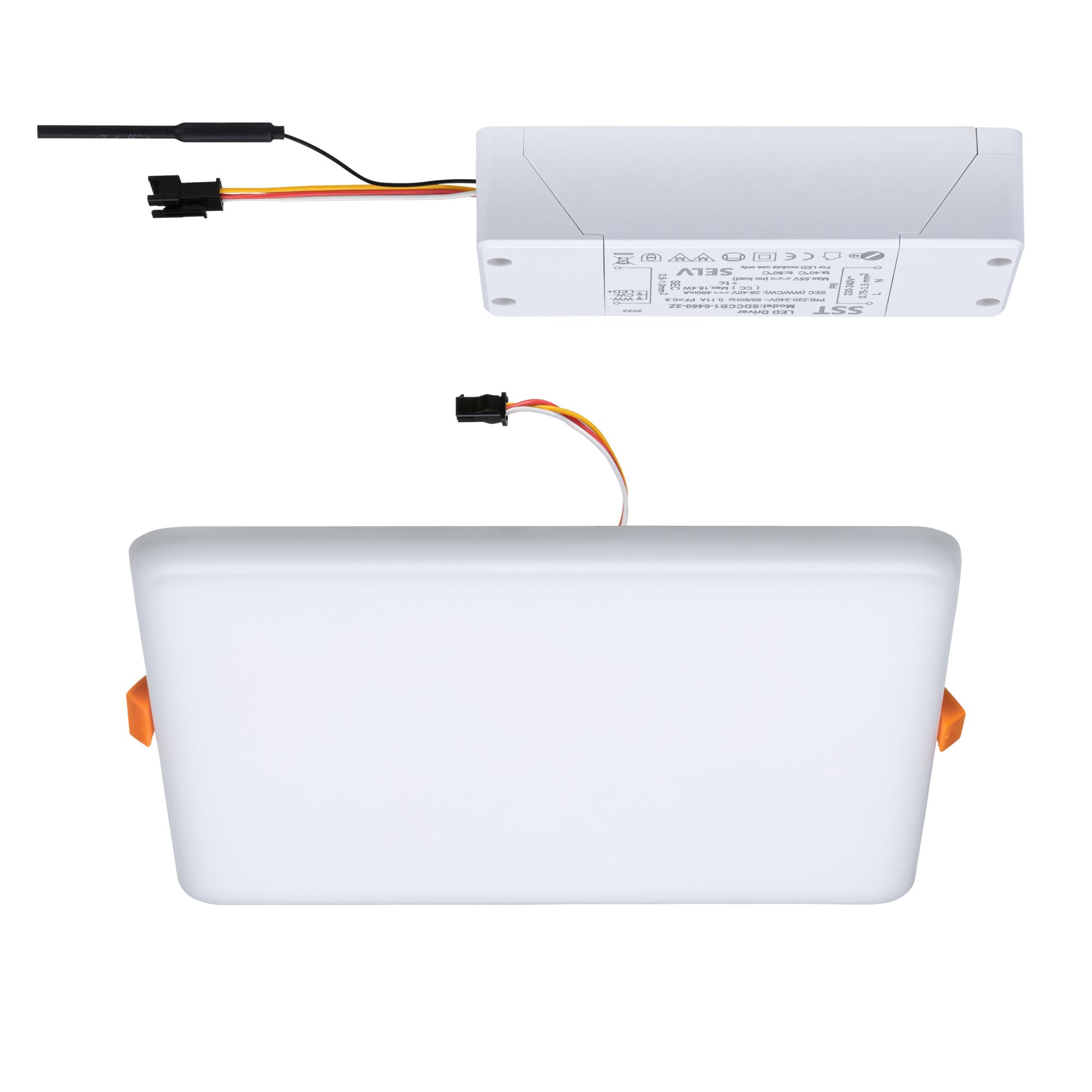 Rechthoekig wit LED-paneel met bijpassende LED-driver en aansluitkabel voor plafondmontage