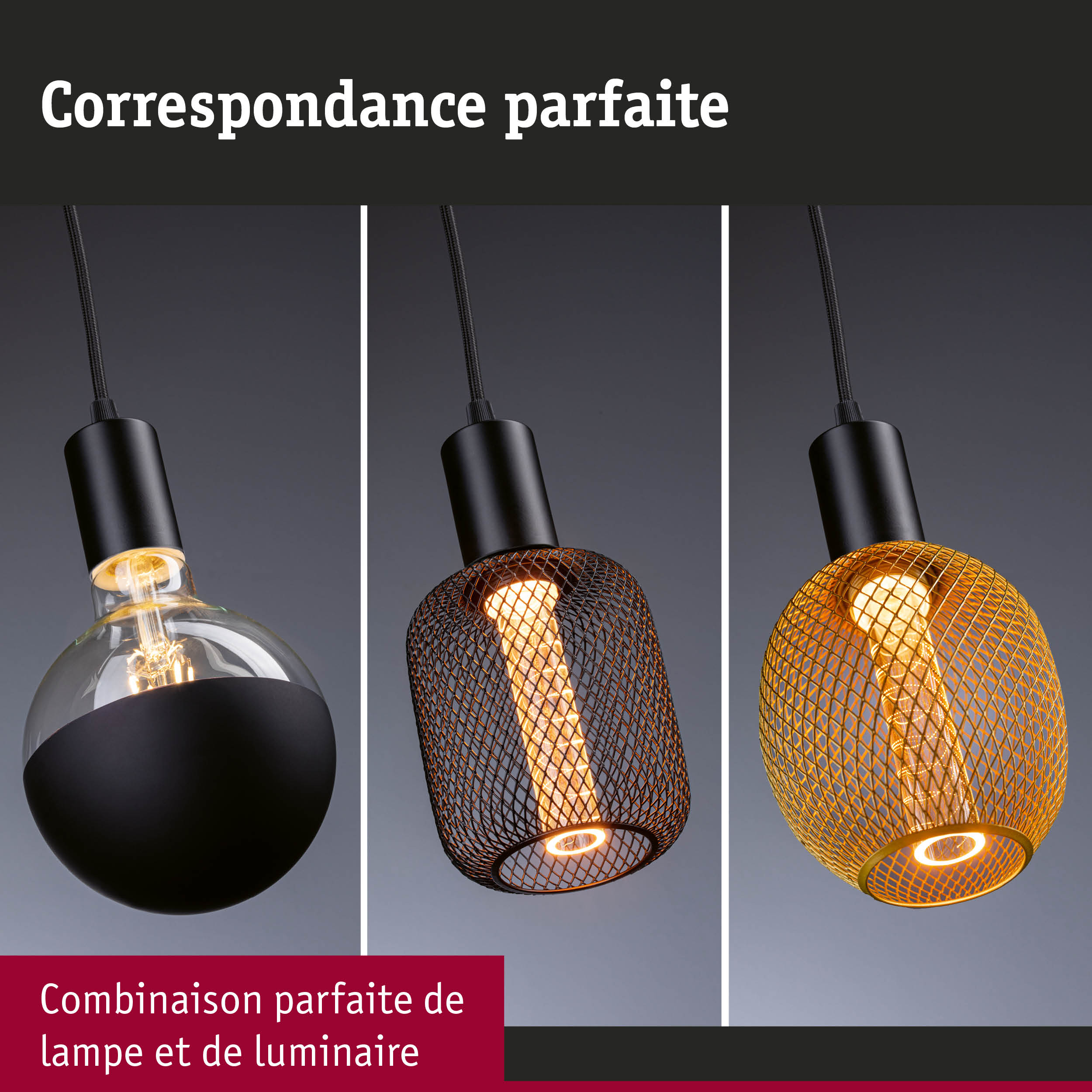 Trois suspensions modernes en métal noir avec différents abat-jours et lumière chaude