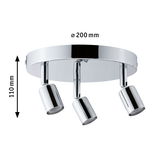Runder Deckenstrahler aus verchromtem Metall mit drei verstellbaren Spots, 200 mm Durchmesser.
