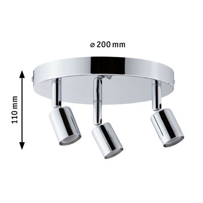 Round ceiling spotlight in chrome metal with three adjustable heads, 200 mm diameter.