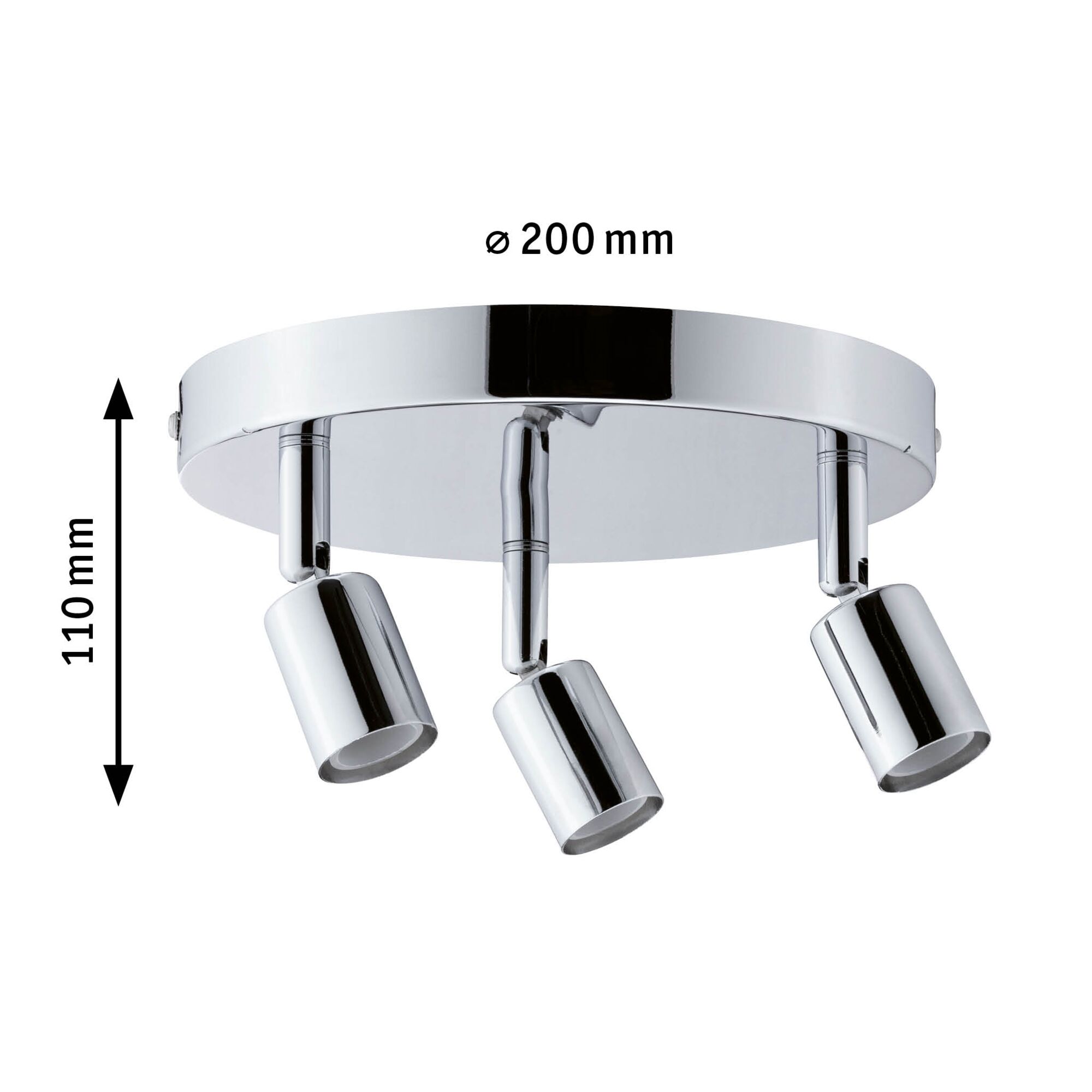 Rund loftspot i krommet metal med tre justerbare lamper, diameter 200 mm.