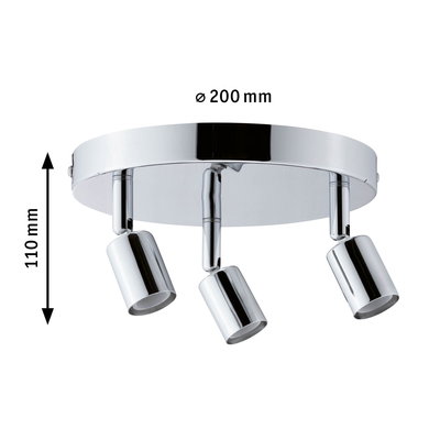 Rund loftspot i krommet metal med tre justerbare lamper, diameter 200 mm.