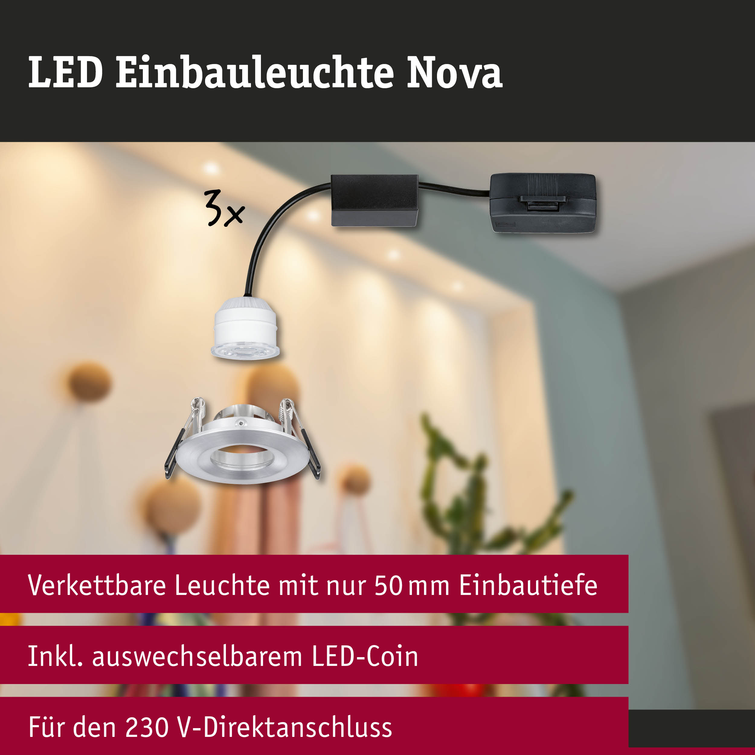 LED Einbauleuchte Nova in Weiß mit 50 mm Einbautiefe und austauschbarem LED-Coin für 230 V Anschluss