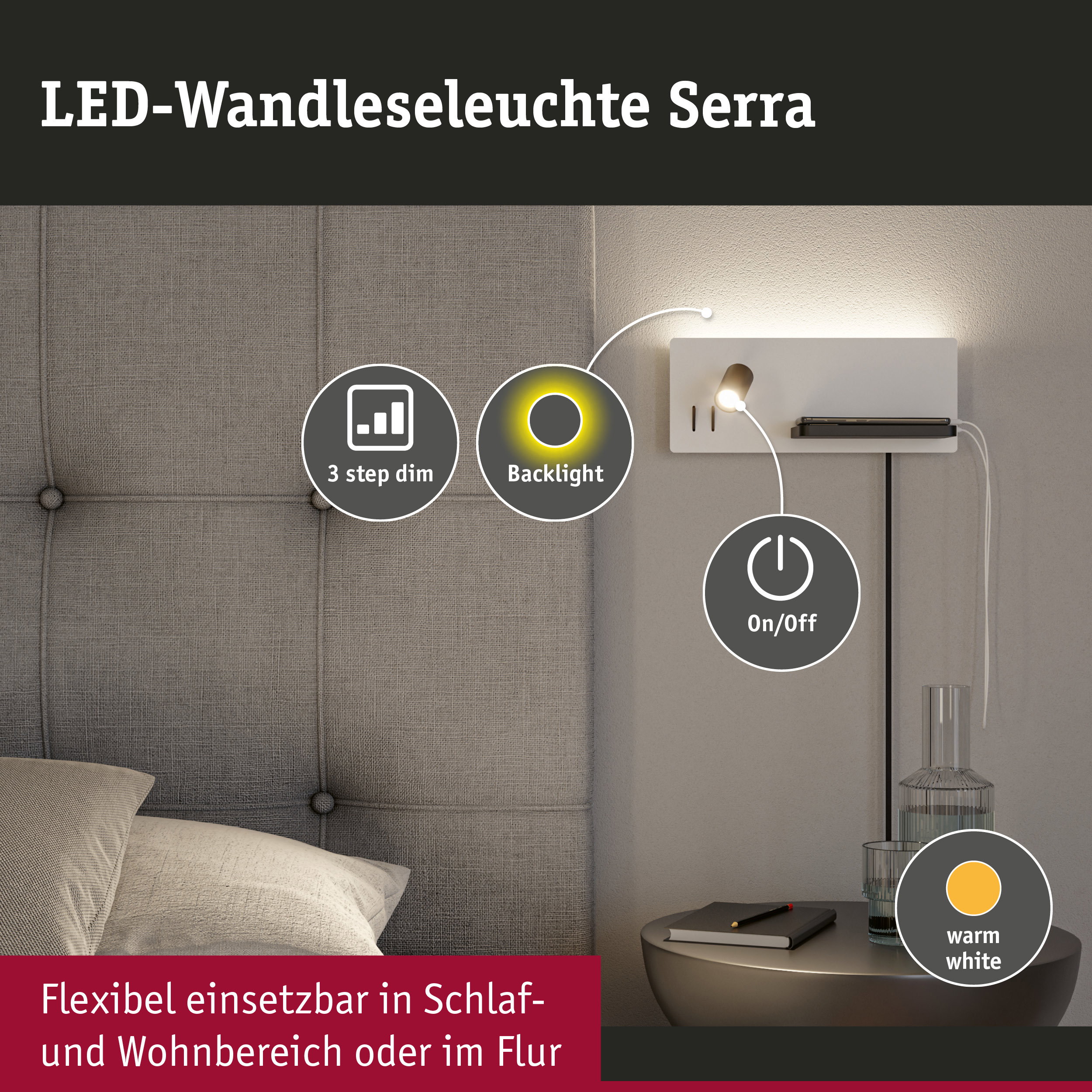 Weiße LED-Wandleseleuchte Serra mit warmweißem Licht und 3-stufiger Dimmung für Schlafzimmer und Flur