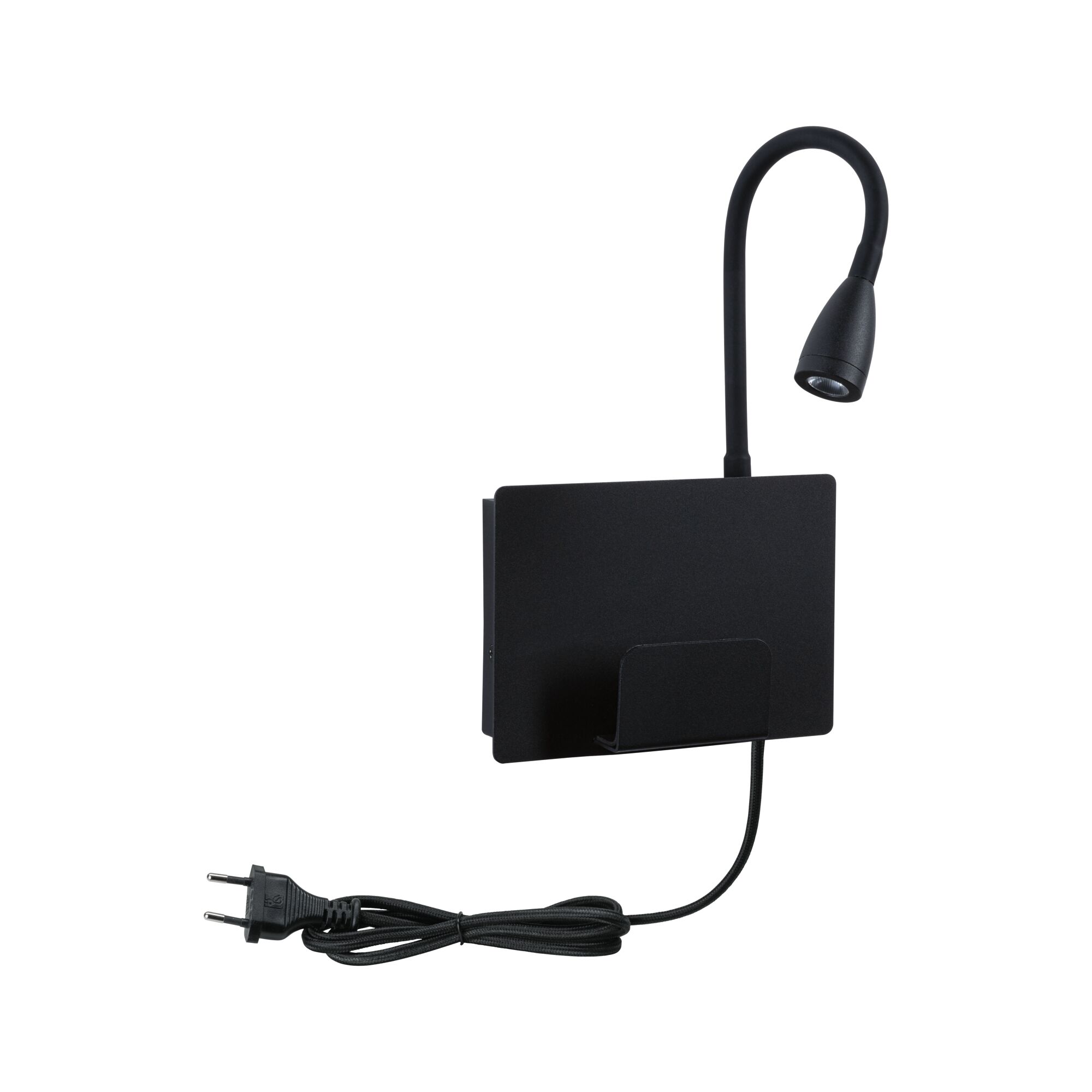 Black LED wall lamp with flexible reading arm and plug cable for modern lighting in living spaces
