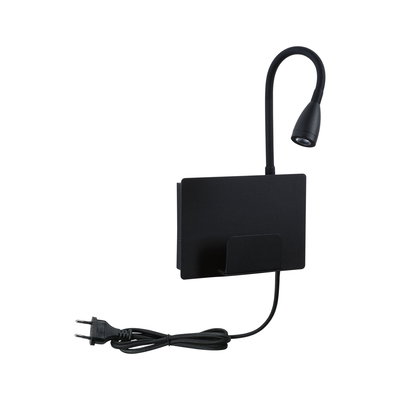 Black LED wall lamp with flexible reading arm and plug cable for modern lighting in living spaces