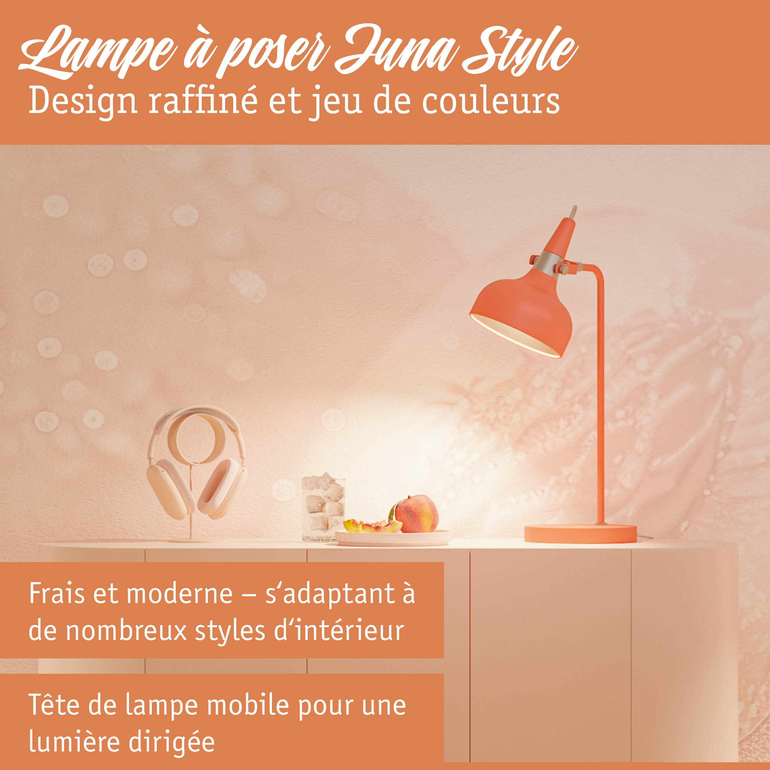 Lampe de bureau orange en métal avec tête mobile pour un éclairage dirigé moderne