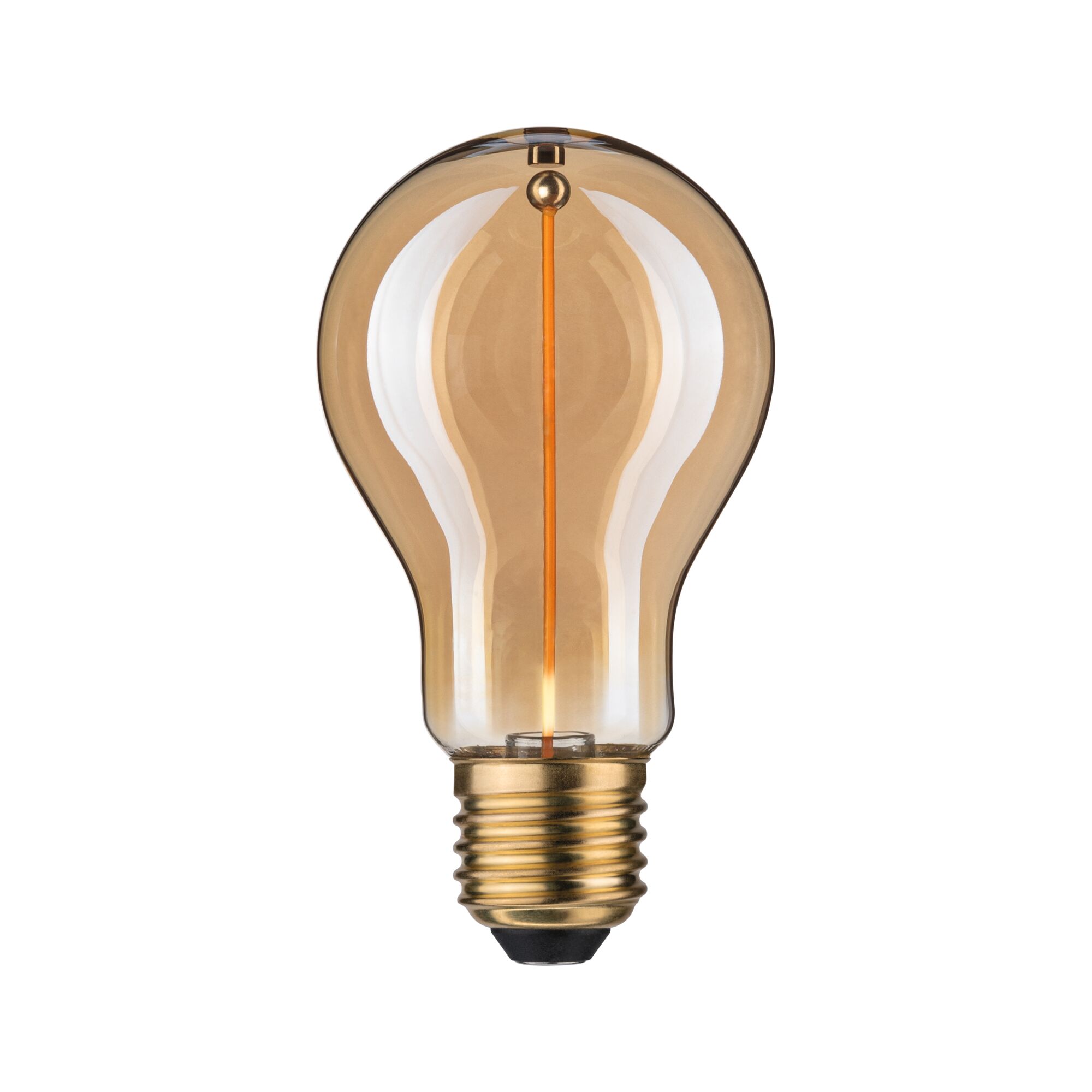 Retro LED-lamp met amberkleurig glas en gouden voet voor decoratieve verlichting en vintage stijl