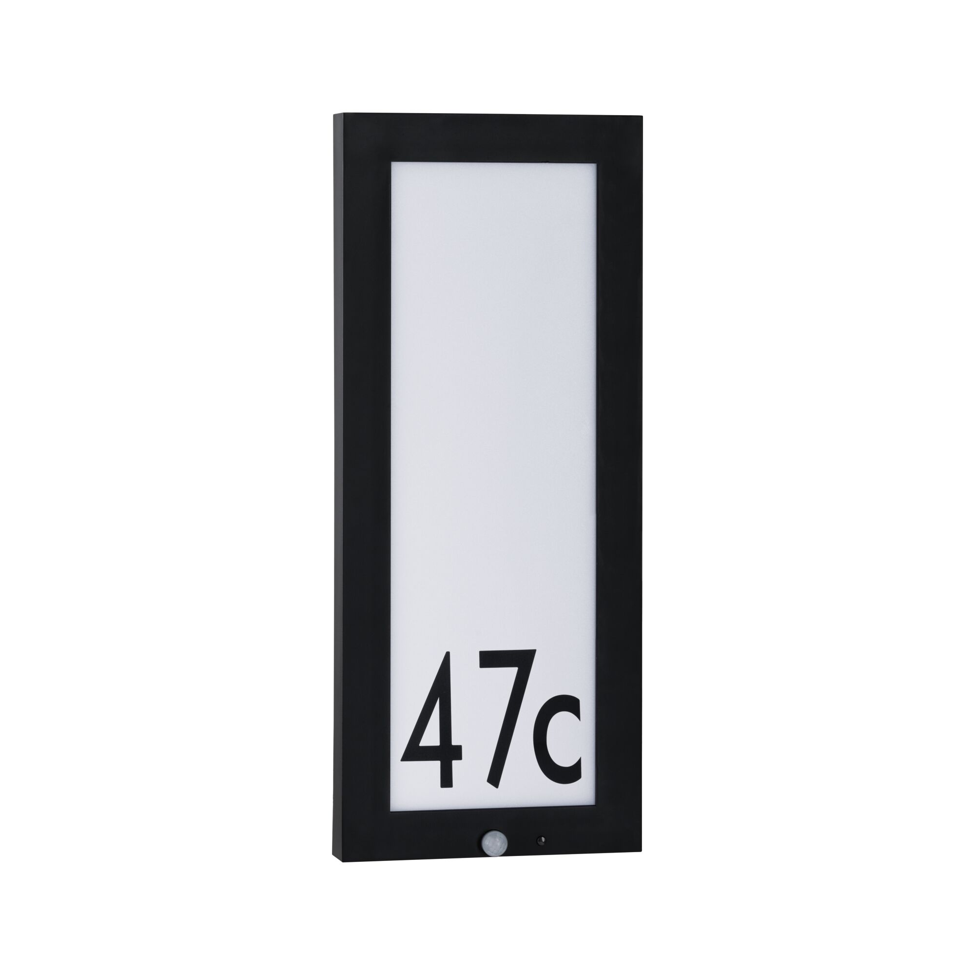 Black LED house number sign with white background and number 47c, weatherproof and modern design.