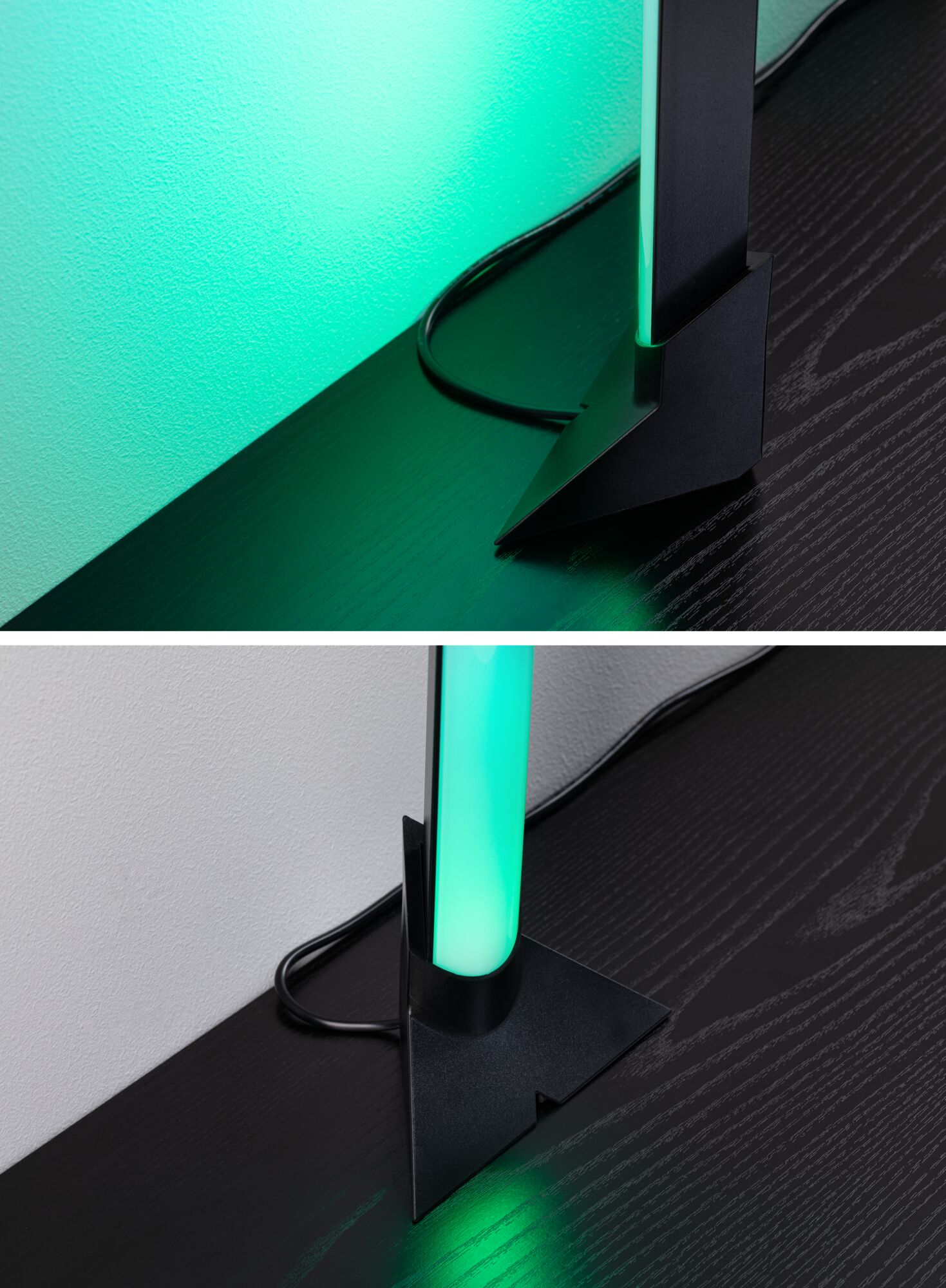 Schwarze LED-Lichtleiste mit grünem Licht auf dunklem Holz, modernes Ambientebeleuchtungselement.