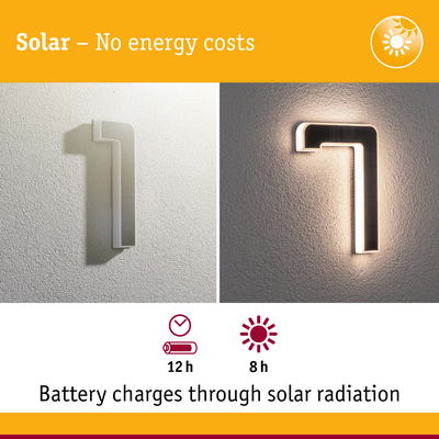 Solar-powered LED house number 1 with battery charging 8 hours via solar radiation for energy saving