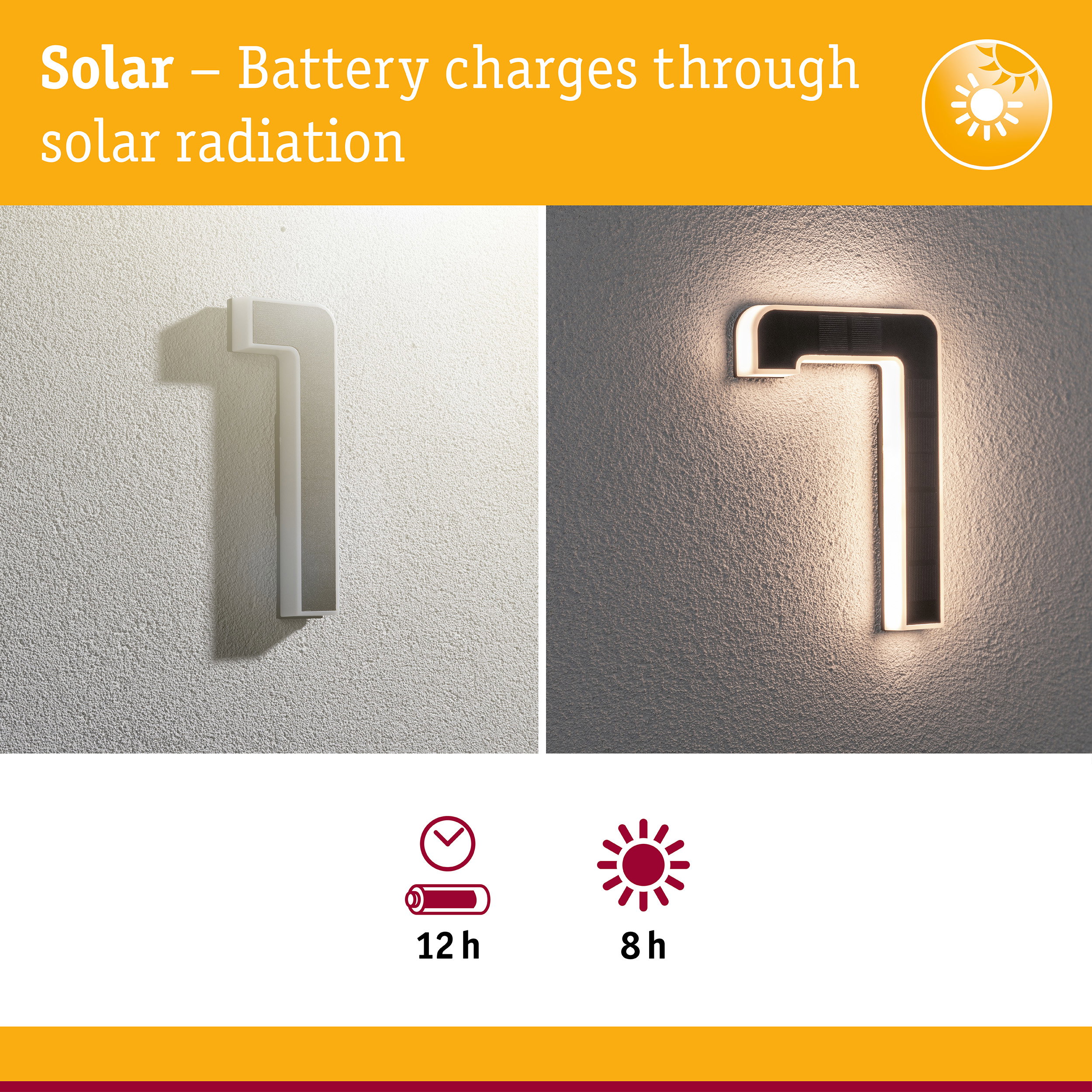 White solar-powered LED wall light with energy-saving illumination and 12-hour battery life