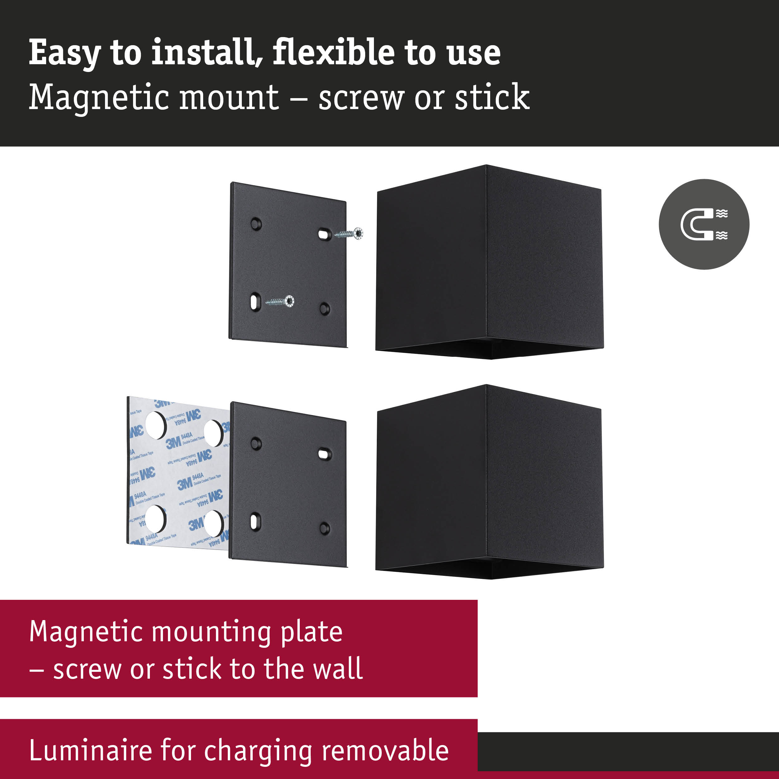 Black magnetic metal mounting plate with screws and adhesive tape for flexible wall installation