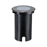 Rund indbygningsgulvspot i rustfrit stål og sort plastik til udendørsbelysning